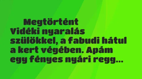 Vicces történet:
Megtörtént
Vidéki nyaralás szülökkel, a fabudi hátul … Vicces történet:
Megtörtént
Vidéki nyaralás szülökkel, a fabudi hátul …