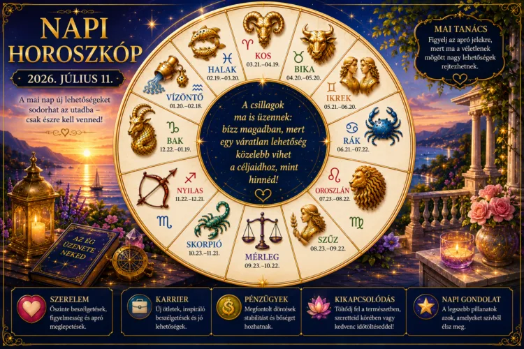 Napi horoszkóp – 2026. július 11. A mai nap új lehetőségeket sodorhat az utadba – csak észre kell venned Napi horoszkóp – 2026. július 11.: A mai nap új lehetőségeket sodorhat az utadba – csak észre kell venned