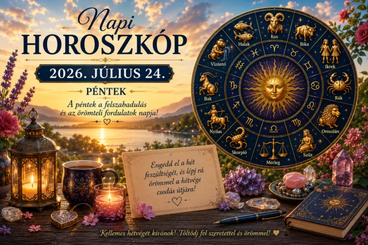 Napi horoszkóp – 2026. július 24. A péntek a felszabadulás és az örömteli fordulatok napja – a hét végére sok minden a helyére kerülhet Napi horoszkóp – 2026. július 24.: A péntek a felszabadulás és az örömteli fordulatok napja – a hét végére sok minden a helyére kerülhet