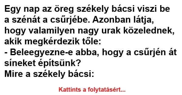 Vicc: Egy nap az öreg székely bácsi viszi be a Vicc: Egy nap az öreg székely bácsi viszi be a szénát a csűrjébe