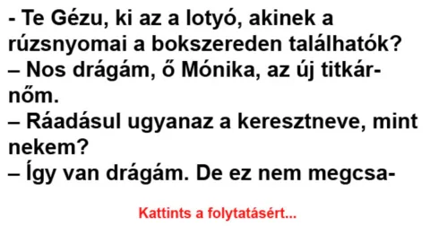 Vicc: Te Gézu, ki az a lotyó, akinek a rúzsnyomai Vicc: Te Gézu, ki az a lotyó, akinek a rúzsnyomai a bokszereden találhatók?…