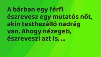 Vicc: A bárban egy férfi észrevesz egy mutatós nőt, akin testhezálló nadrág… Vicc: A bárban egy férfi észrevesz egy mutatós nőt, akin testhezálló nadrág…