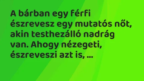 Vicc: A bárban egy férfi észrevesz egy mutatós nőt, akin testhezálló nadrág…