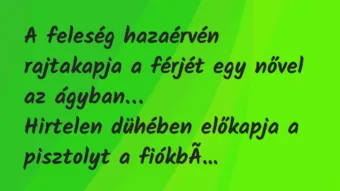 Vicc: A feleség hazaérvén rajtakapja a férjét egy nővel az ágyban…