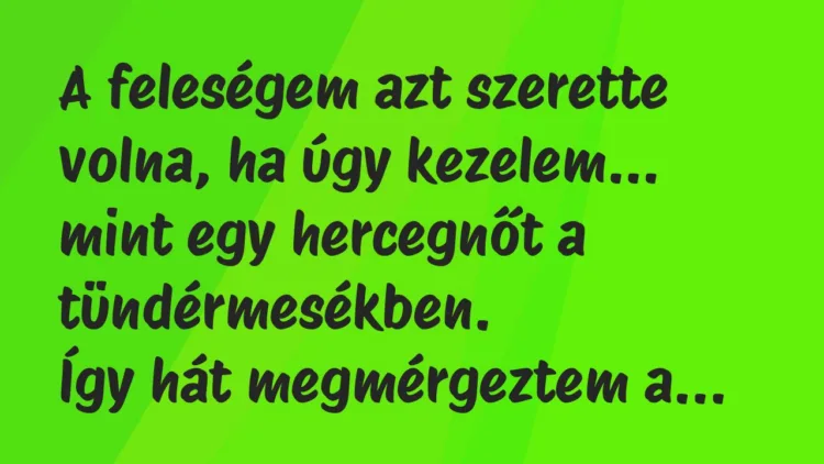 Vicc: A feleségem azt szerette volna, ha úgy kezelem, mint egy hercegnőt… Vicc: A feleségem azt szerette volna, ha úgy kezelem, mint egy hercegnőt…