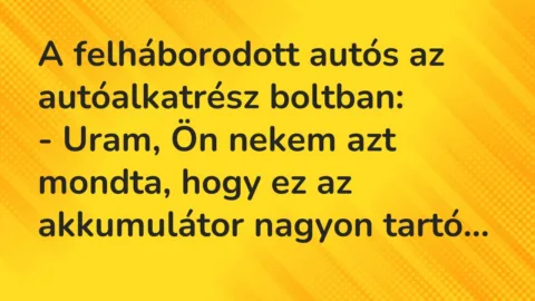 Vicc: A felháborodott autós az autóalkatrész boltban:
– Uram, Ön nekem… Vicc: A felháborodott autós az autóalkatrész boltban:
– Uram, Ön nekem…
