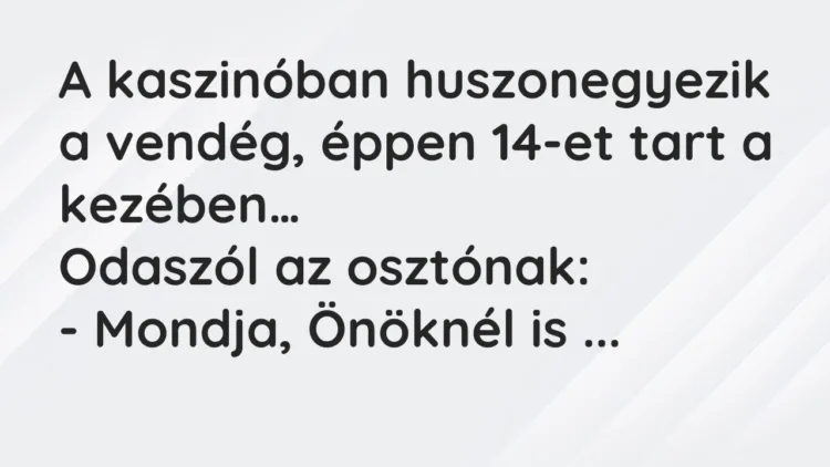 Vicc: A kaszinóban huszonegyezik a vendég, éppen 14-et tart a kezében… Vicc: A kaszinóban huszonegyezik a vendég, éppen 14-et tart a kezében…