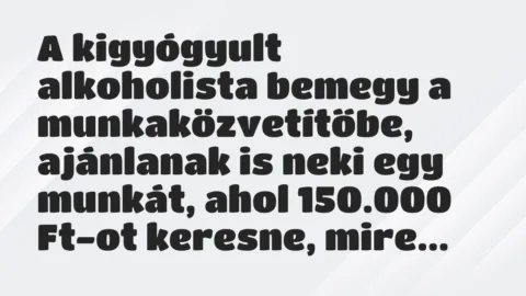 Vicc: A kigyógyult alkoholista bemegy a munkaközvetítőbe, ajánlanak is neki… Vicc: A kigyógyult alkoholista bemegy a munkaközvetítőbe, ajánlanak is neki…