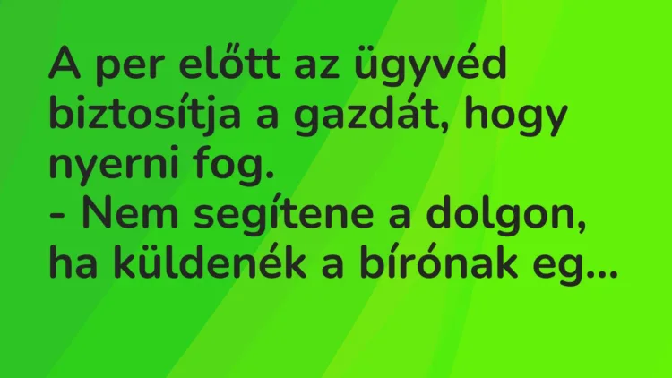 Vicc: A per előtt az ügyvéd biztosítja a gazdát, hogy nyerni fog.
– Nem… Vicc: A per előtt az ügyvéd biztosítja a gazdát, hogy nyerni fog.
– Nem…
