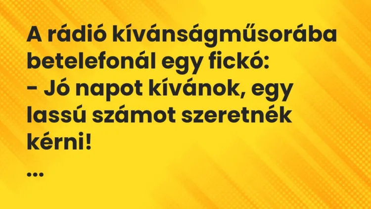 Vicc: A rádió kívánságműsorába betelefonál egy fickó:
– Jó napot… Vicc: A rádió kívánságműsorába betelefonál egy fickó:
– Jó napot…
