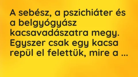 Vicc: A sebész, a pszichiáter és a belgyógyász kacsavadászatra megy. Egyszer… Vicc: A sebész, a pszichiáter és a belgyógyász kacsavadászatra megy. Egyszer…