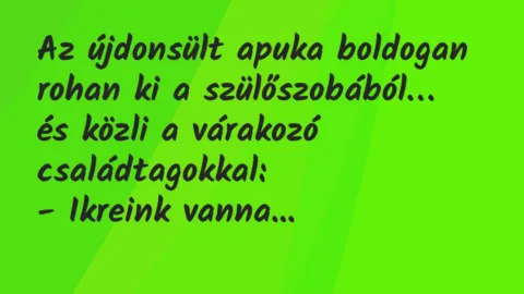 Vicc: Az újdonsült apuka boldogan rohan ki a szülőszobából, és közli…