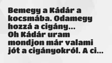 Vicc: Bemegy a Kádár a kocsmába. Odamegy hozzá a cigány. Oh Kádár uram…