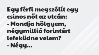 Vicc: Egy férfi megszólít egy csinos nőt az utcán:

– Mondja hölgyem,…