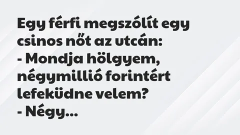 Vicc: Egy férfi megszólít egy csinos nőt az utcán:
– Mondja hölgyem,… Vicc: Egy férfi megszólít egy csinos nőt az utcán:
– Mondja hölgyem,…