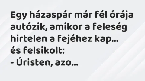 Vicc: Egy házaspár már fél órája autózik, amikor a feleség hirtelen a fejéhez…