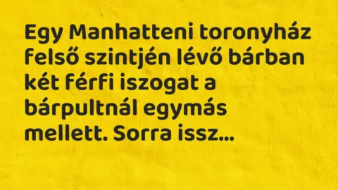 Vicc: Egy Manhatteni toronyház felső szintjén lévő bárban két férfi iszogat… Vicc: Egy Manhatteni toronyház felső szintjén lévő bárban két férfi iszogat…