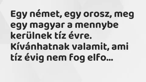 Vicc: Egy német, egy orosz, meg egy magyar a mennybe kerülnek tíz évre… Vicc: Egy német, egy orosz, meg egy magyar a mennybe kerülnek tíz évre…