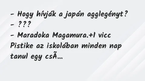 Vicc: – Hogy hívják a japán agglegényt?

– ???

– Maradoka…