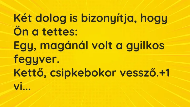 Vicc: Két dolog is bizonyítja, hogy Ön a tettes:
Egy, magánál volt a… Vicc: Két dolog is bizonyítja, hogy Ön a tettes:
Egy, magánál volt a…