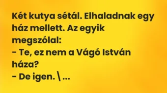 Vicc: Két kutya sétál. Elhaladnak egy ház mellett. Az egyik… Vicc: Két kutya sétál. Elhaladnak egy ház mellett. Az egyik…
