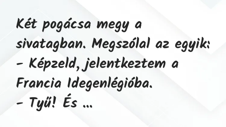 Vicc: Két pogácsa megy a sivatagban. Megszólal az egyik:
– Képzeld,… Vicc: Két pogácsa megy a sivatagban. Megszólal az egyik:
– Képzeld,…