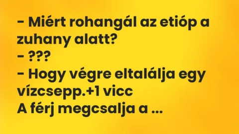 Vicc: – Miért rohangál az etióp a zuhany alatt?

– ???

– Hogy végre…