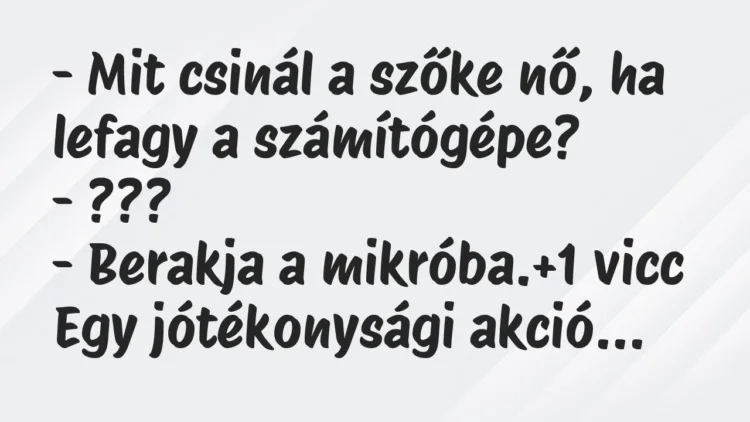 Vicc: – Mit csinál a szőke nő, ha lefagy a számítógépe?
– ???
-… Vicc: – Mit csinál a szőke nő, ha lefagy a számítógépe?
– ???
-…