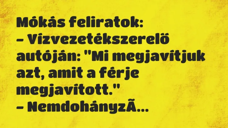 Vicc: Mókás feliratok:
– Vízvezetékszerelő autóján: “Mi megjavítjuk azt… Vicc: Mókás feliratok:
– Vízvezetékszerelő autóján: “Mi megjavítjuk azt…