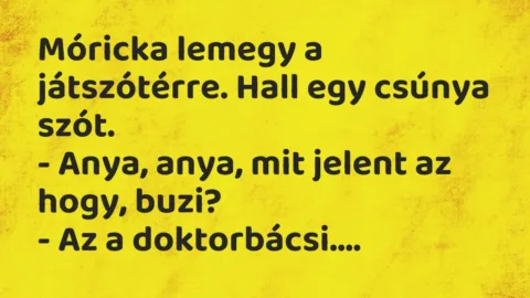 Vicc: Móricka lemegy a játszótérre. Hall egy csúnya szót.
– Anya, anya,… Vicc: Móricka lemegy a játszótérre. Hall egy csúnya szót.
– Anya, anya,…