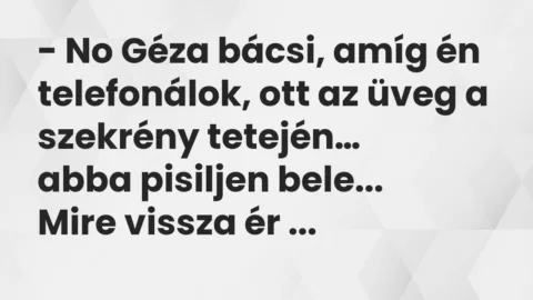 Vicc: No Géza bácsi, amíg én telefonálok, ott az üveg a szekrény tetején…