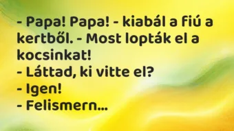 Vicc: – Papa! Papa! – kiabál a fiú a kertből. – Most lopták el a…