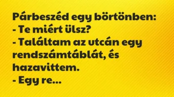 Vicc: Párbeszéd egy börtönben:
– Te miért ülsz?
– Találtam az… Vicc: Párbeszéd egy börtönben:
– Te miért ülsz?
– Találtam az…