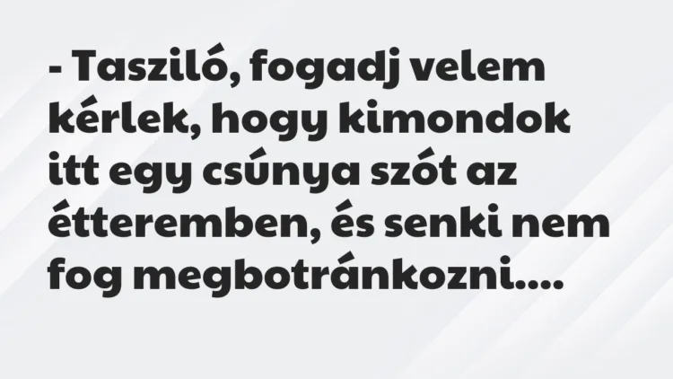 Vicc: – Tasziló, fogadj velem kérlek, hogy kimondok itt egy csúnya szót az… Vicc: – Tasziló, fogadj velem kérlek, hogy kimondok itt egy csúnya szót az…