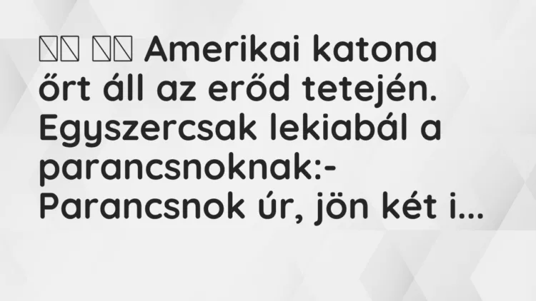 Viccek:
Amerikai katona őrt áll az erőd tetején…. Viccek:
Amerikai katona őrt áll az erőd tetején….