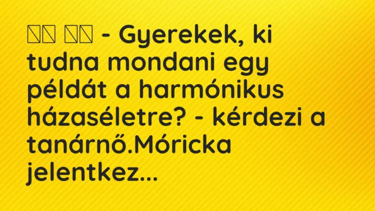 Viccek:
– Gyerekek, ki tudna mondani egy példát a… Viccek:
– Gyerekek, ki tudna mondani egy példát a…