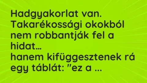 Viccek: Hadgyakorlat van. Takarékossági okokból nem robbantják fel a hidat…
