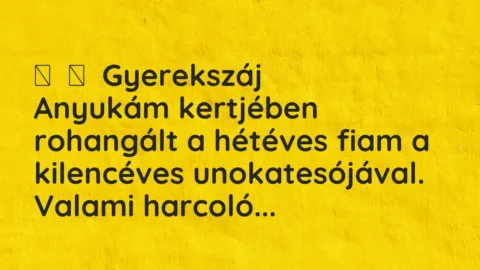 Vicces történet: 
	    	    Gyerekszáj


Anyukám kertjében rohangált a hétéves fiam…