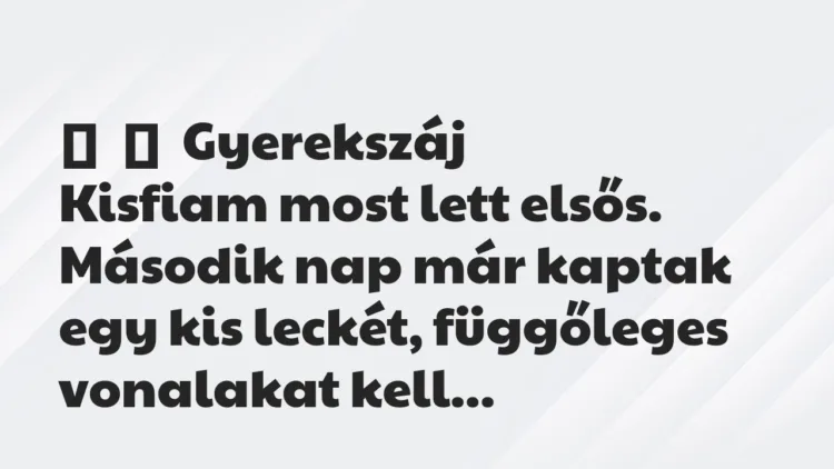 Vicces történet:
Gyerekszáj
Kisfiam most lett elsős. Második nap már… Vicces történet:
Gyerekszáj
Kisfiam most lett elsős. Második nap már…