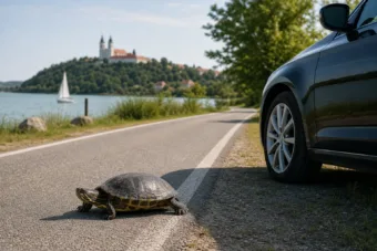 Várkonyi Andrea Tihanyban félreállt az autóval, hogy megmentsen egy teknőst