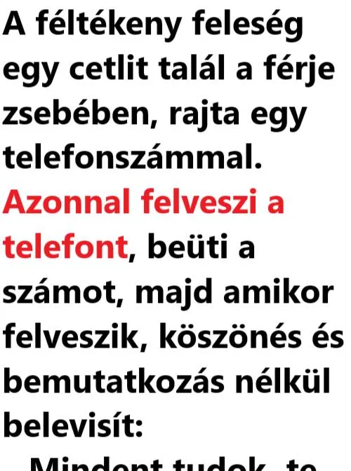 Vicc: A féltékeny feleség egy cetlit talál a férje zsebében Vicc: A féltékeny feleség egy cetlit talál a férje zsebében