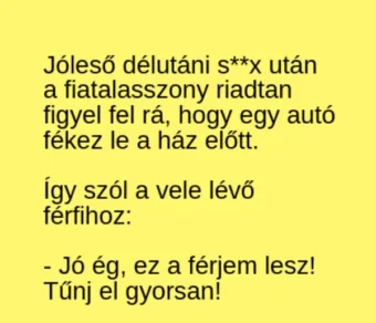 Vicc: A fiatalasszony riadtan veszi észre, hogy egy autó fékez Vicc: A fiatalasszony riadtan veszi észre, hogy egy autó fékez le a…