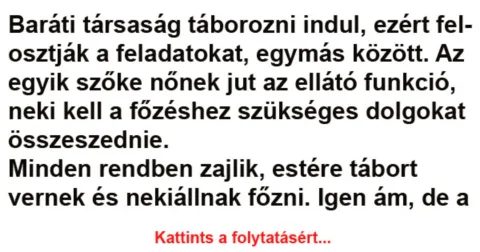 Vicc: Baráti társaság táborozni indul, ezért felosztják a feladatokat -…