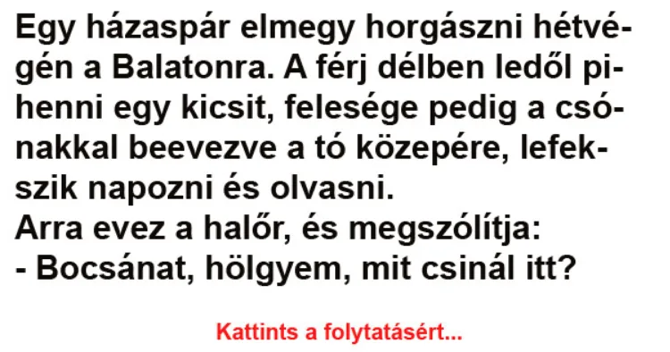 Vicc: Egy házaspár elmegy horgászni hétvégén a Balatonra - Vicc: Egy házaspár elmegy horgászni hétvégén a Balatonra –