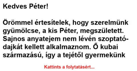 Vicc: Kedves Péter! Örömmel értesítelek, hogy szerelmünk gyümölcse, a kis…