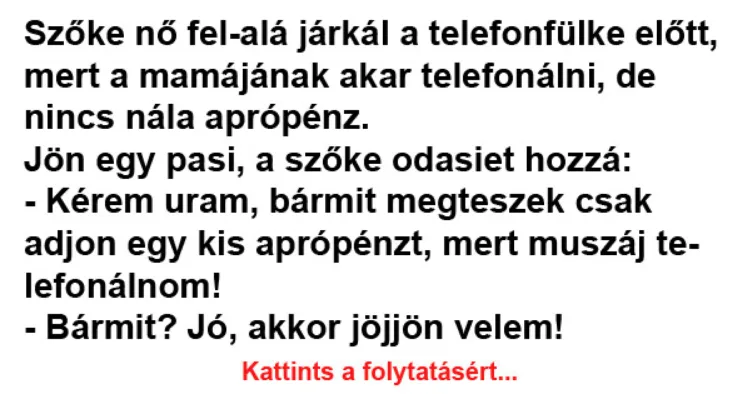 Vicc: Szőke nő fel-alá járkál a telefonfülke előtt - Vicc: Szőke nő fel-alá járkál a telefonfülke előtt –