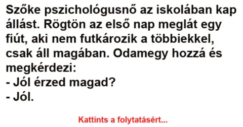 Vicc: Szőke pszichológusnő az iskolában kap állást - Vicc: Szőke pszichológusnő az iskolában kap állást –