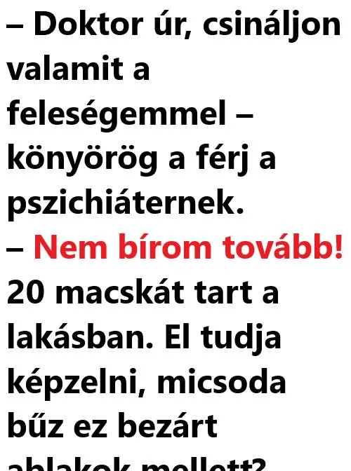 Vicc: – Doktor úr, csináljon valamit a feleségemmel Vicc: – Doktor úr, csináljon valamit a feleségemmel