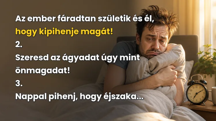 Vicc: 1. Az ember fáradtan születik és él, hogy kipihenje magát... Az ember fáradtan születik és él, hogy kipihenje magát! 2. Szeresd az ágyadat úgy mint önmagadat! 3. Nappal pihenj, hogy éjszaka...