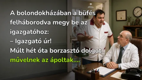 A bolondokházában a büfés felháborodva megy be az igazgatóhoz: – Igazgató úr! Múlt hét óta borzasztó dolgot művelnek az ápoltak....